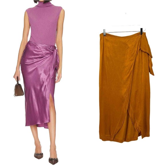 Enza Costa Dresses & Skirts - ENZA COSTA Hammered Satin Wrap Slip Skirt Women Medium Saffron Lightweight Midi